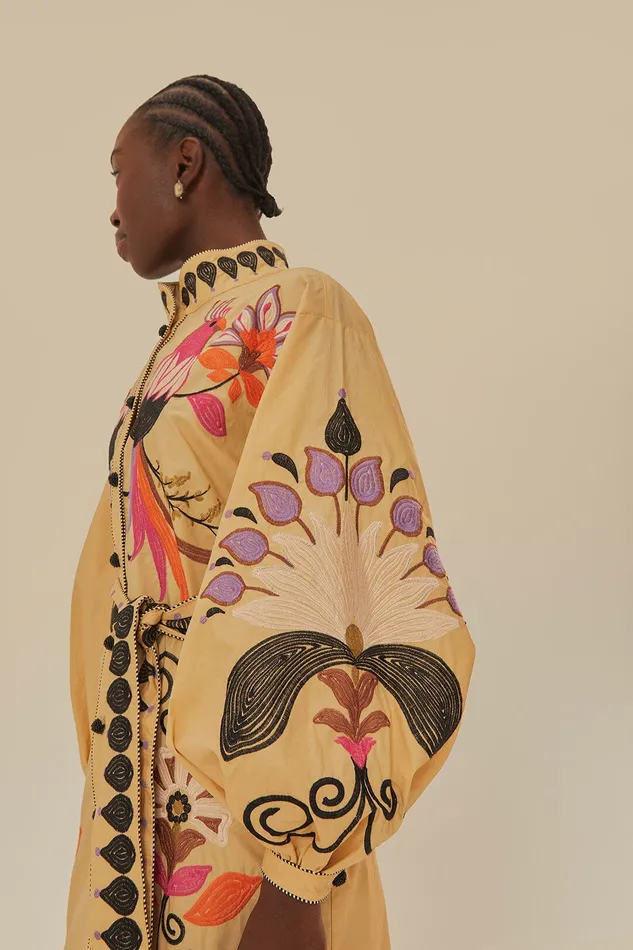 Khaki Flower Bird Embroidered Midi Dress Women Farm Rio Midi Dresses