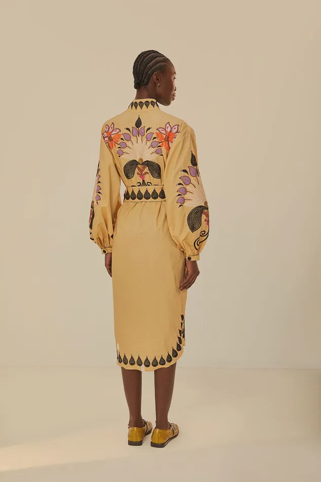 Khaki Flower Bird Embroidered Midi Dress Women Farm Rio Midi Dresses