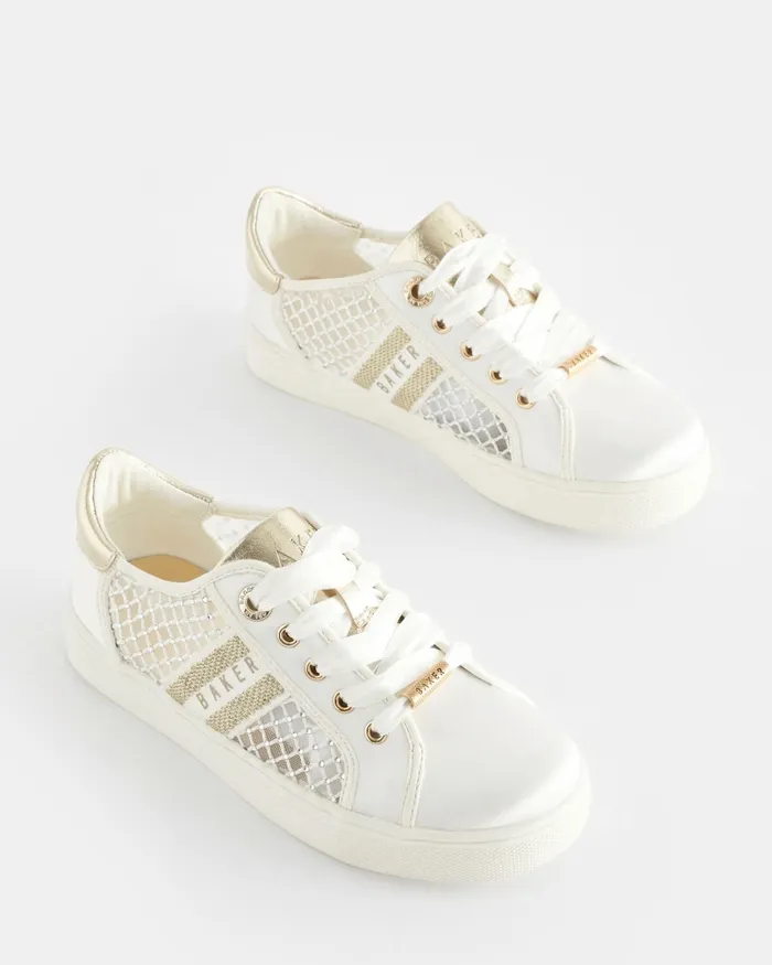 Kids AMEEYLA 8211 Diamante Mesh Panel Satin Trainers Ivory Ted Baker Older Girls