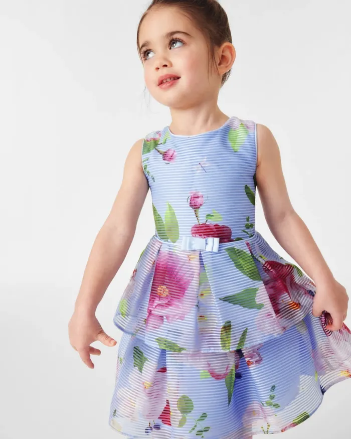 Kids BRANCEE 8211 Floral Striped Dress With Tiered Skirt Blue Ted Baker Dresses