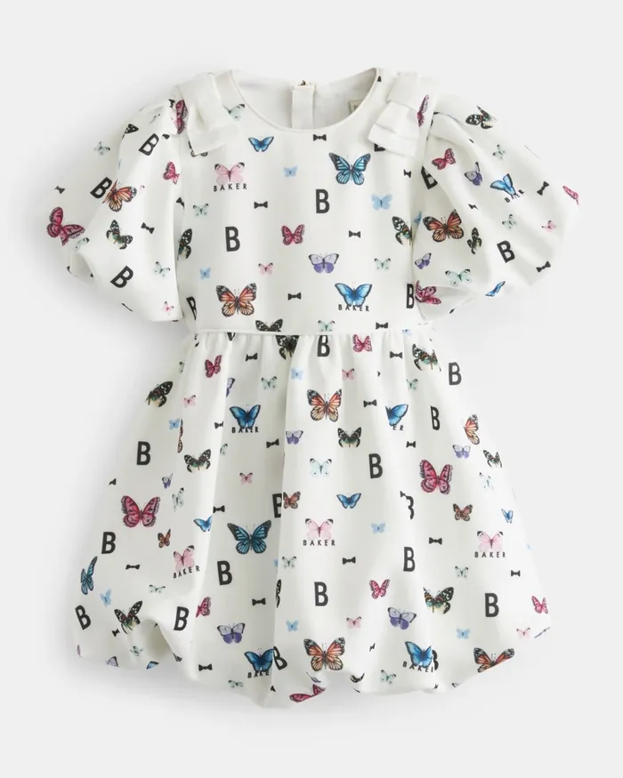Kids CAPRHI 8211 Butterfly Print Bubble Hem Dress White Ted Baker Dresses