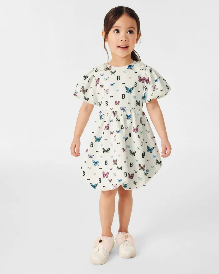 Kids CAPRHI 8211 Butterfly Print Bubble Hem Dress White Ted Baker Dresses