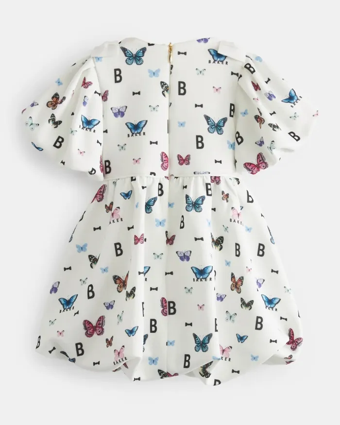 Kids CAPRHI 8211 Butterfly Print Bubble Hem Dress White Ted Baker Dresses