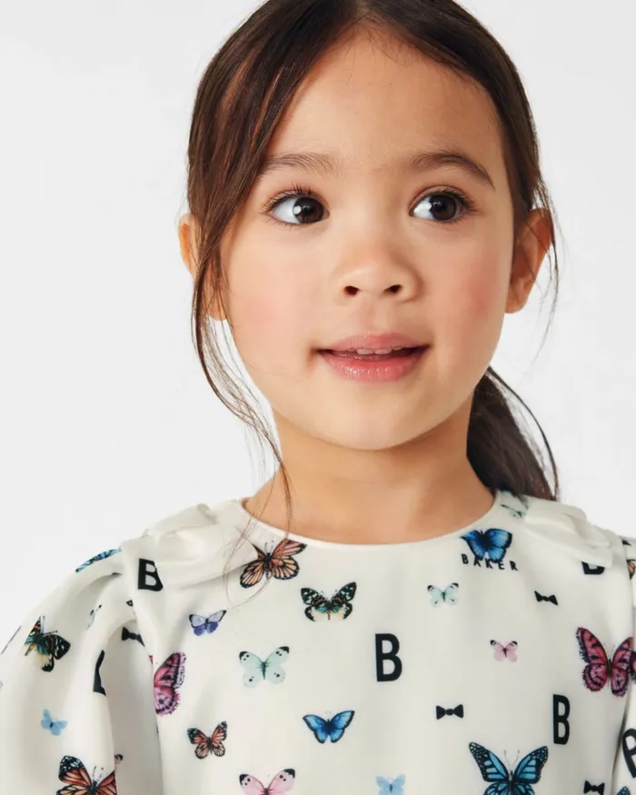 Kids CAPRHI 8211 Butterfly Print Bubble Hem Dress White Ted Baker Dresses