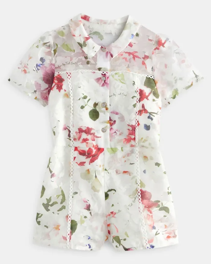 Kids DORREYY 8211 Floral Burnout Print Collared Playsuit White Ted Baker Dresses