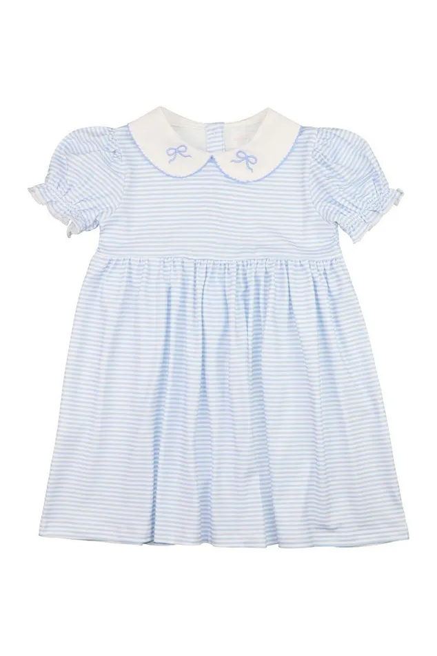 Kids Girls LoveShackFancy Cecil and Lou Girls Blue Striped Knit Embroidered Bow Dress Blue