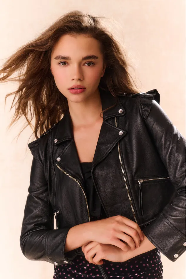 Kids Girls LoveShackFancy Girls Apolline Cropped Lamb Leather Jacket Black