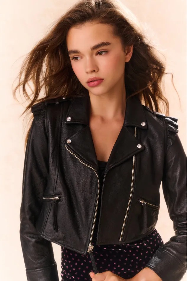 Kids Girls LoveShackFancy Girls Apolline Cropped Lamb Leather Jacket Black