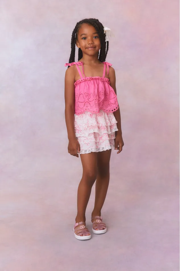 Kids Girls LoveShackFancy Girls Bow Print Billie Skirt Bubblegum Blast
