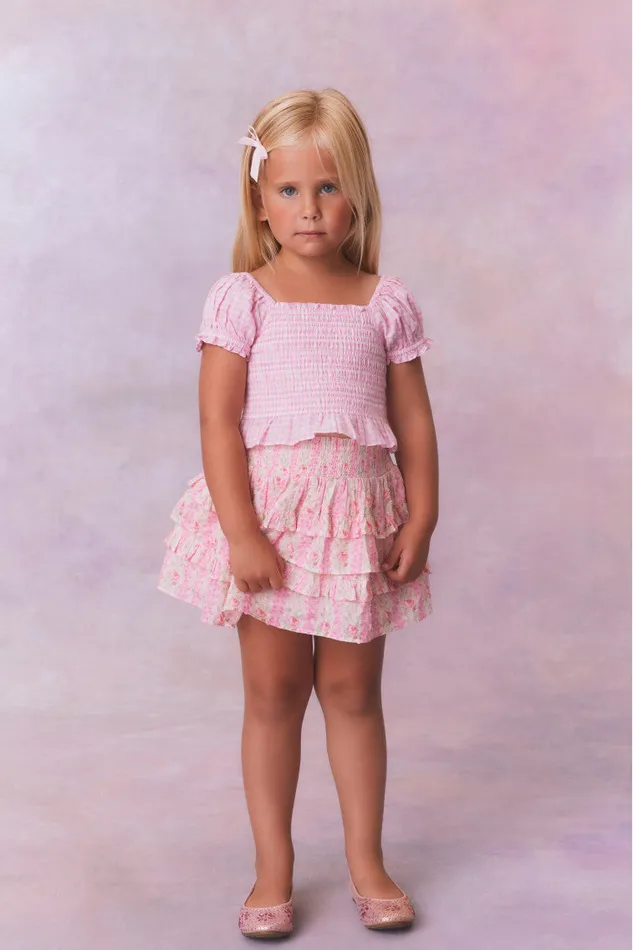 Kids Girls LoveShackFancy Girls Fragrance Print Cotton Billie Skirt Strawberry Macaroon