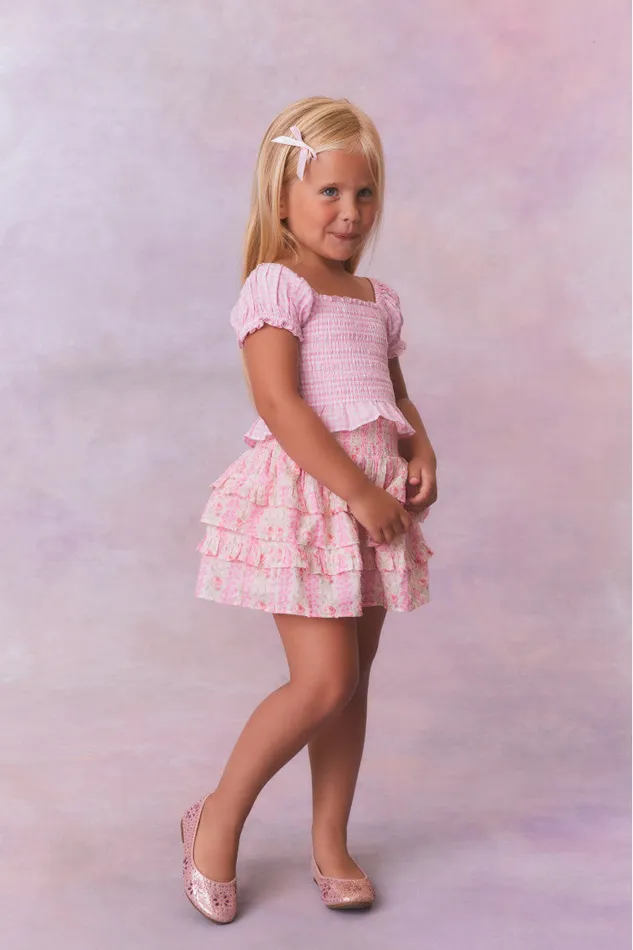 Kids Girls LoveShackFancy Girls Fragrance Print Cotton Billie Skirt Strawberry Macaroon