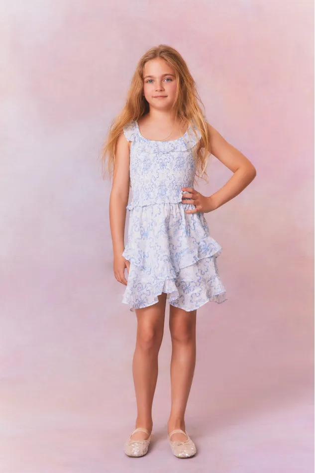 Kids Girls LoveShackFancy Girls Marcela Bow Print Cotton Dress Blissful Blue