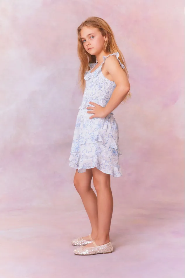 Kids Girls LoveShackFancy Girls Marcela Bow Print Cotton Dress Blissful Blue
