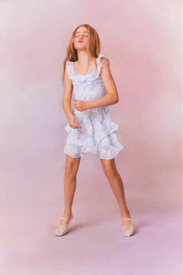 Kids Girls LoveShackFancy Girls Marcela Bow Print Cotton Dress Blissful Blue