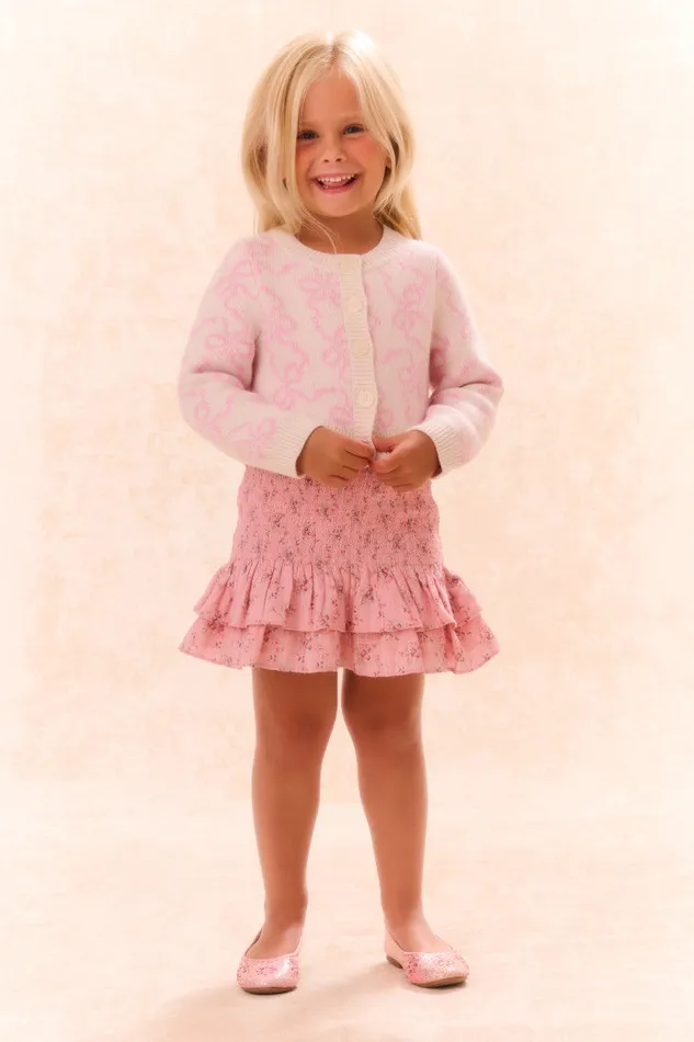 Kids Girls LoveShackFancy Girls Marlowen Bow Print Cardigan Bon Bon Pink