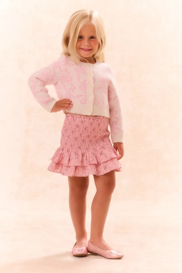Kids Girls LoveShackFancy Girls Marlowen Bow Print Cardigan Bon Bon Pink