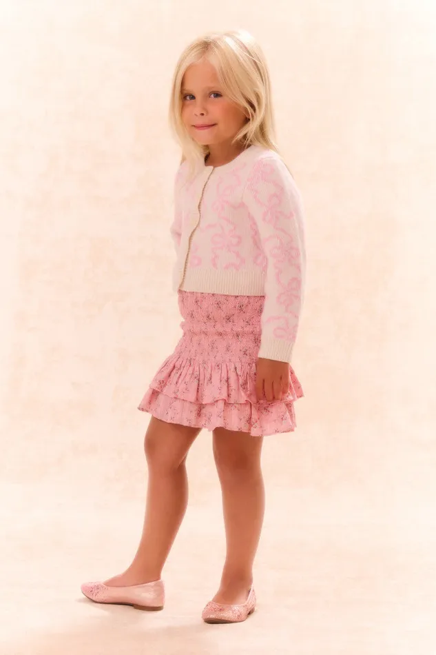 Kids Girls LoveShackFancy Girls Marlowen Bow Print Cardigan Bon Bon Pink
