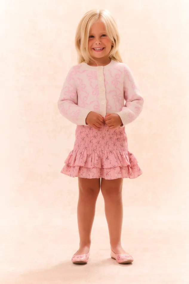 Kids Girls LoveShackFancy Girls Marlowen Bow Print Cardigan Bon Bon Pink
