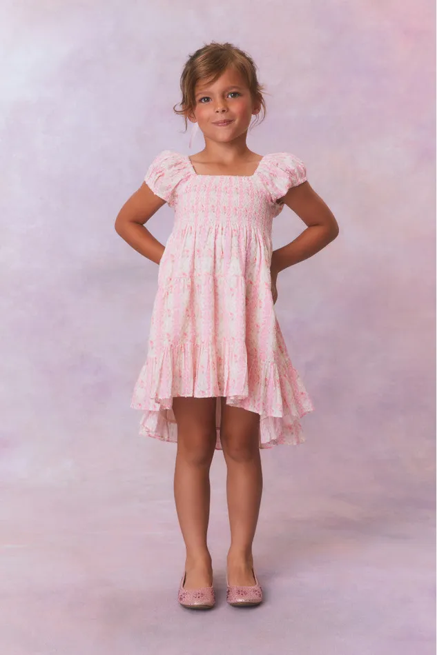 Kids Girls LoveShackFancy Girls Muriella Fragrance Print Flutter Sleeve Dress Strawberry Macaroon