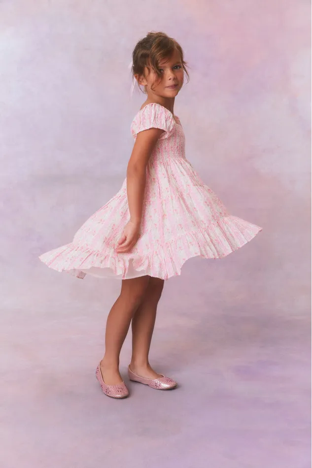 Kids Girls LoveShackFancy Girls Muriella Fragrance Print Flutter Sleeve Dress Strawberry Macaroon