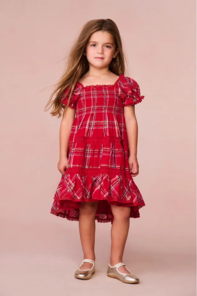Kids Girls LoveShackFancy Girls Muriella Tartan Midi Dress Cheery Red