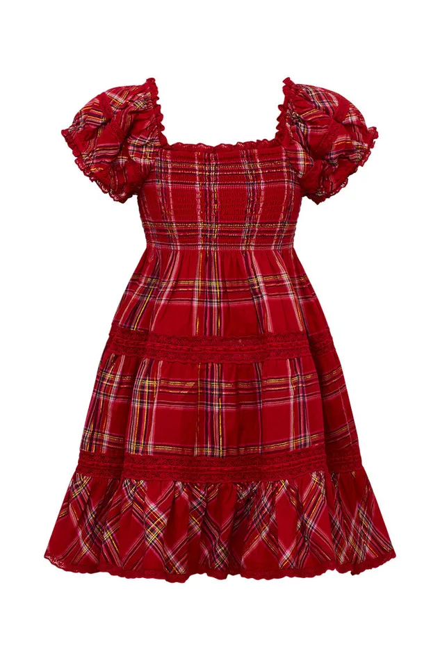 Kids Girls LoveShackFancy Girls Muriella Tartan Midi Dress Cheery Red