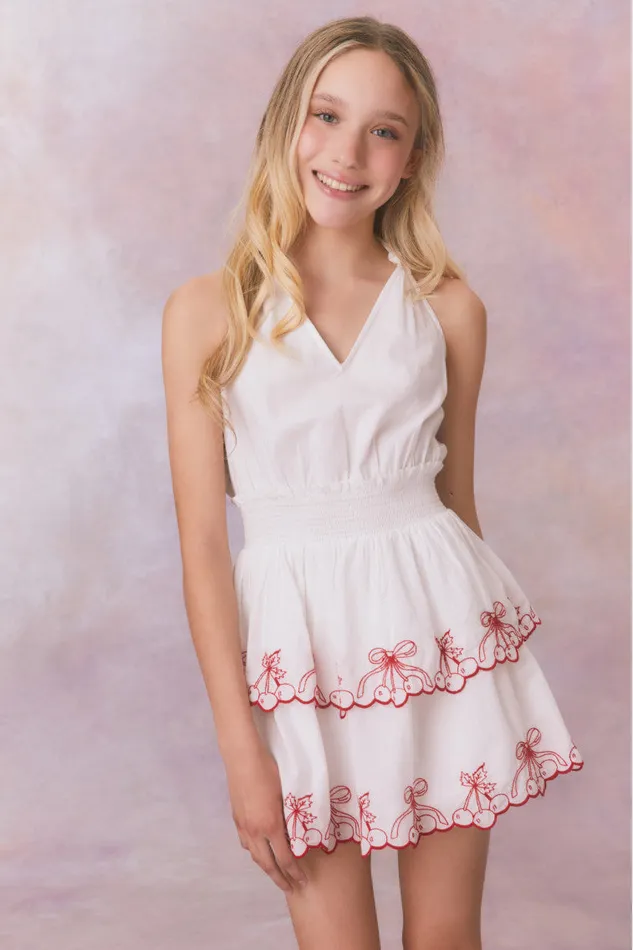 Kids Girls LoveShackFancy Girls Romille Cherry Embroidered Cotton Dress Candy Red
