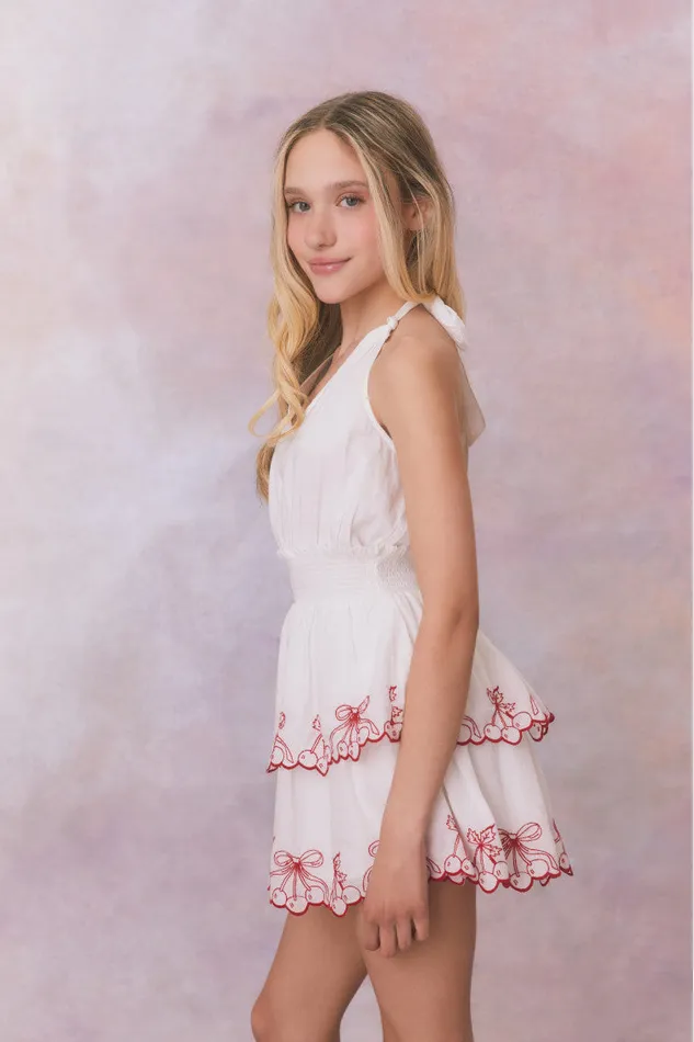 Kids Girls LoveShackFancy Girls Romille Cherry Embroidered Cotton Dress Candy Red