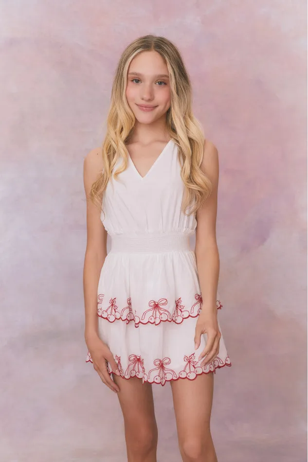 Kids Girls LoveShackFancy Girls Romille Cherry Embroidered Cotton Dress Candy Red