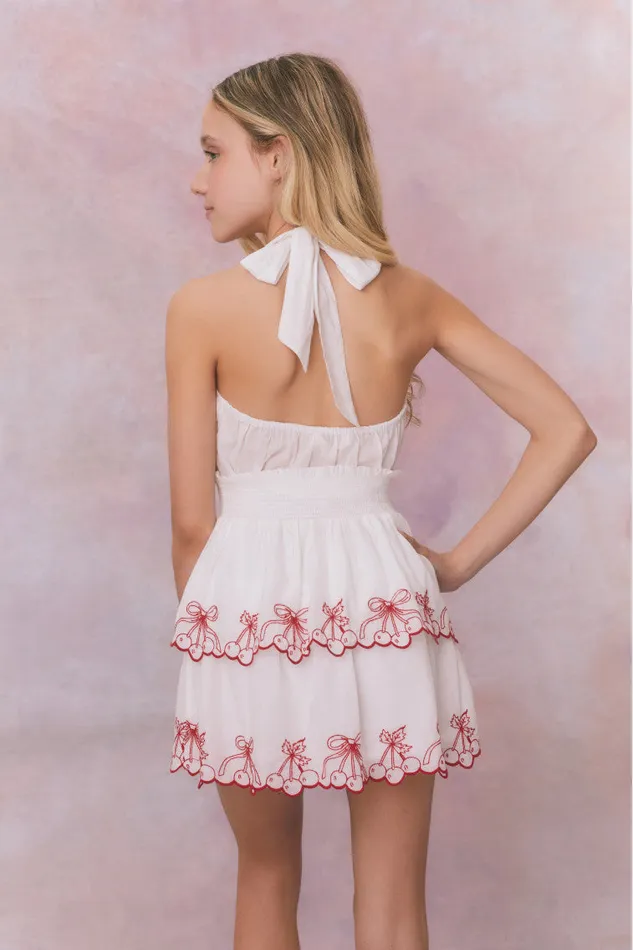 Kids Girls LoveShackFancy Girls Romille Cherry Embroidered Cotton Dress Candy Red