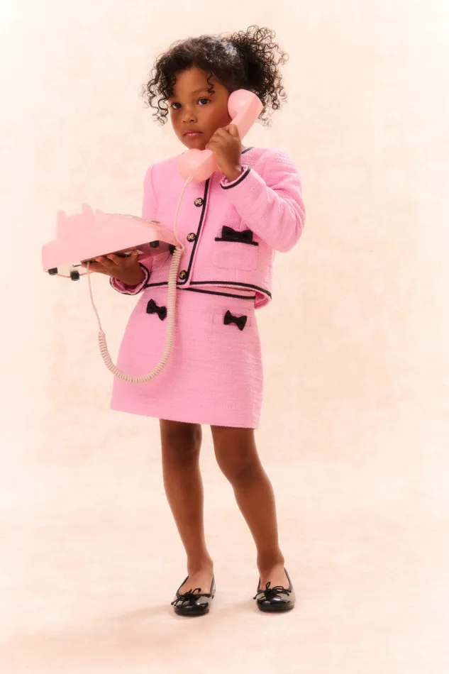 Kids Girls LoveShackFancy Girls Verita Tweed Bow Skirt Pirouette Pink