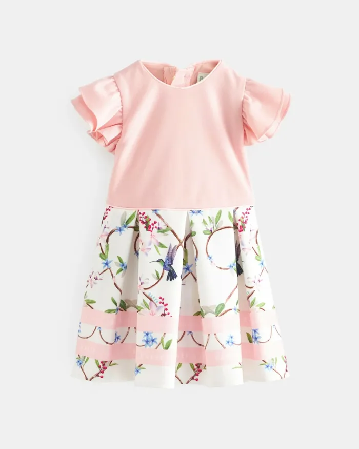 Kids ISSYBLL 8211 Frill Sleeve Dress With Floral Skirt Pink Ted Baker Dresses Kids ISSYBLL 8211 Frill Sleeve Dress With Floral Skirt Pink Ted Baker Dresses