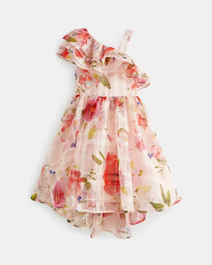 Kids LACLLE 8211 One Shoulder Floral Burnout Dress Pink Ted Baker Dresses