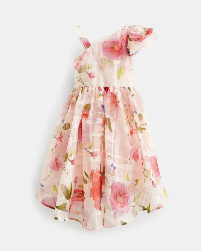 Kids LACLLE 8211 One Shoulder Floral Burnout Dress Pink Ted Baker Dresses