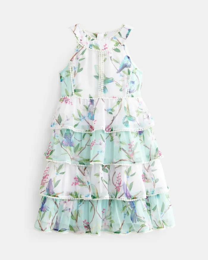 Kids LOORA 8211 Sleeveless Floral Tiered Chiffon Dress Green Ted Baker Dresses