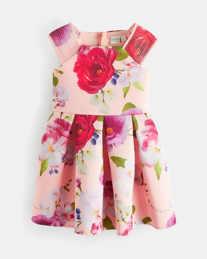Kids LOVIEEY 8211 Floral Scuba Dress With Striped Straps Coral Ted Baker Dresses