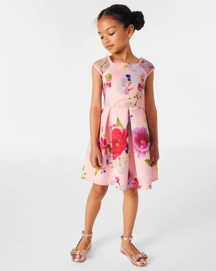Kids LOVIEEY 8211 Floral Scuba Dress With Striped Straps Coral Ted Baker Dresses