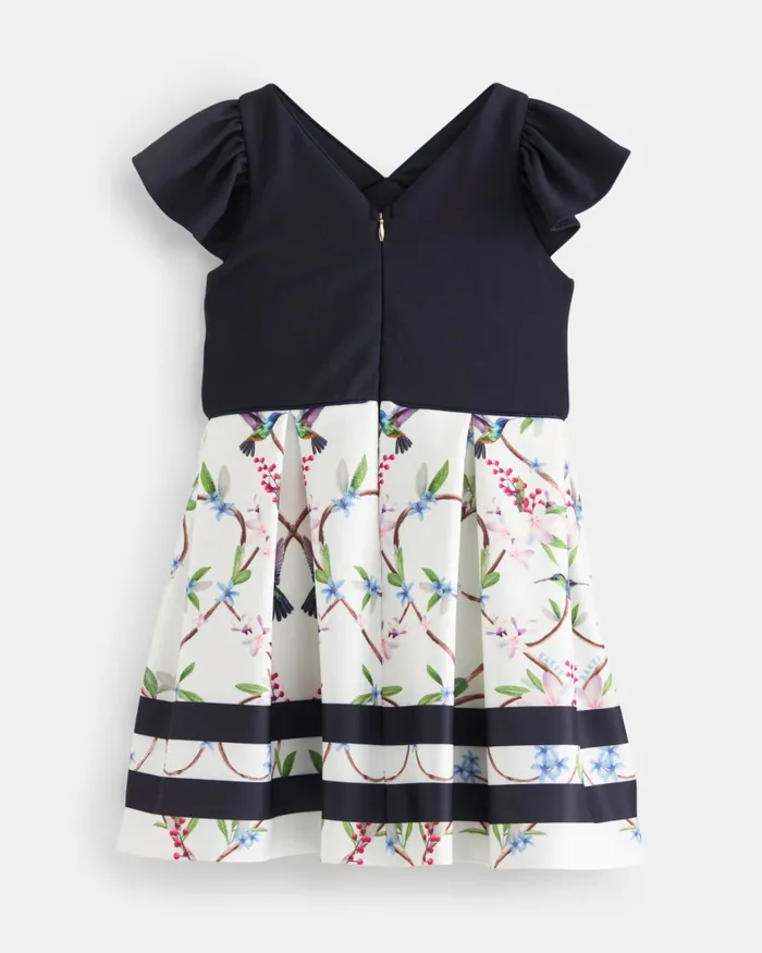Kids LUSEEY 8211 Frill Cap Sleeve Dress With Floral Skirt Navy Ted Baker Older Girls