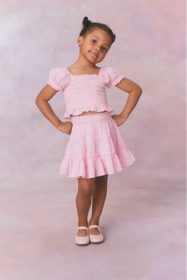Kids Mommy and Me LoveShackFancy Girls Smocked Gingham Fabielle Top Sunkissed Rose