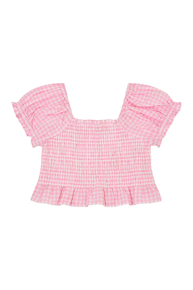Kids Mommy and Me LoveShackFancy Girls Smocked Gingham Fabielle Top Sunkissed Rose