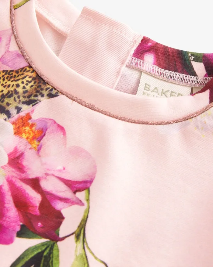 Kids OPLLE 8211 Floral Pleated Dress With Bow Detail Pink Ted Baker Dresses