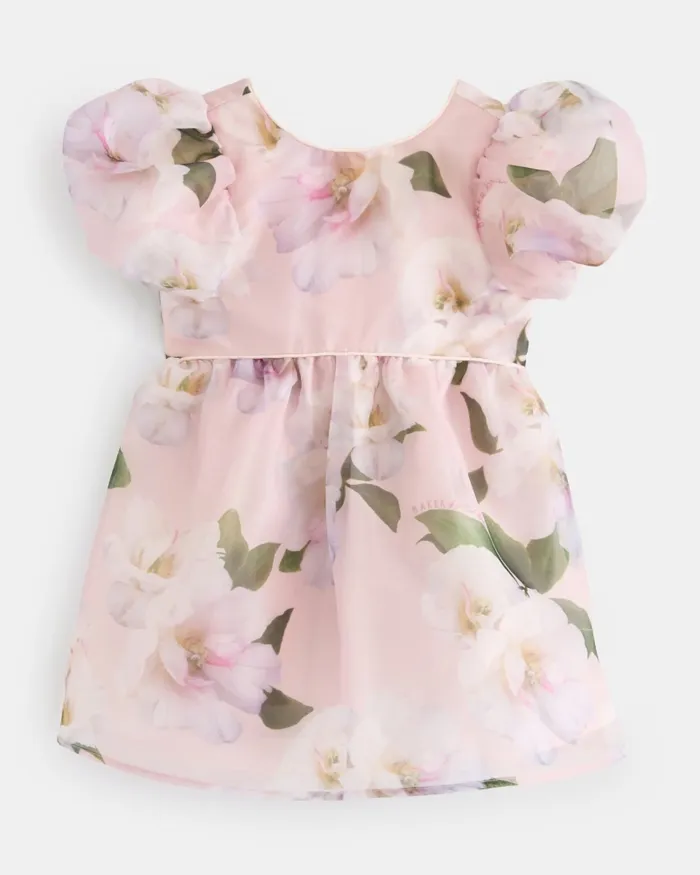 Kids RUUIE 8211 Floral Puff Sleeve Organza Dress Pink Ted Baker Dresses