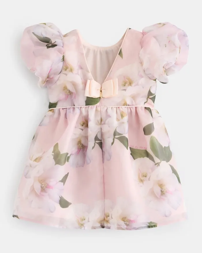 Kids RUUIE 8211 Floral Puff Sleeve Organza Dress Pink Ted Baker Dresses