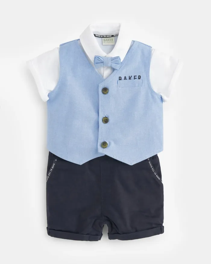 Kids VASILE 8211 Mockable Romper Suit With Bow Tie Blue Ted Baker Baby