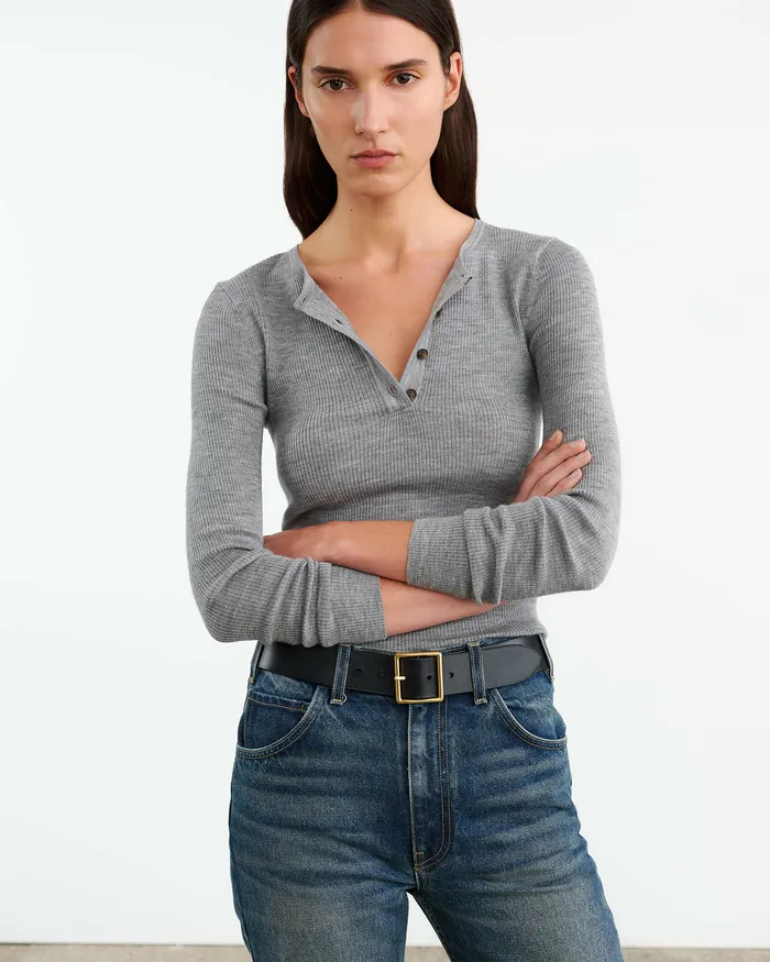 Knits and Sweaters KLARISE HENLEY KNIT Medium Grey Melange Nili Lotan Women