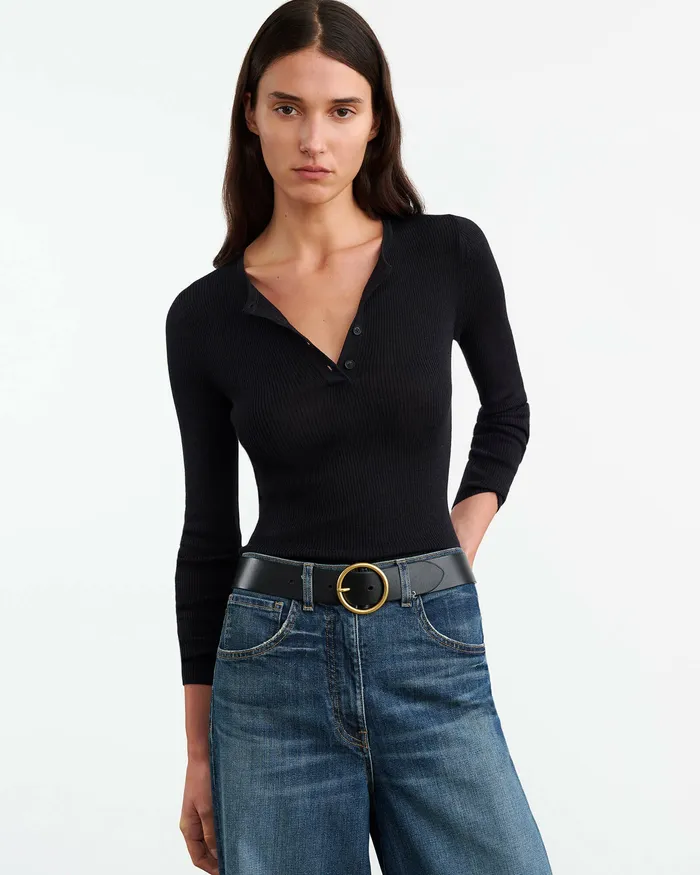 Knits and Sweaters KLARISE HENLEY KNIT Medium Grey Melange Nili Lotan Women