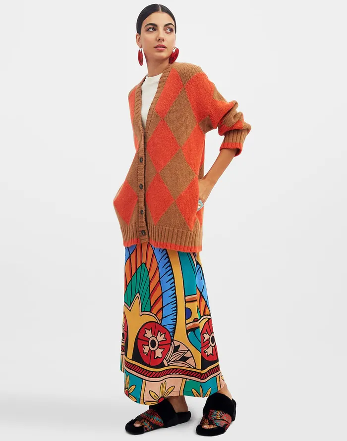 La Doublej Argyle Cardigan Camel and Orange In Wool Women Knitwear