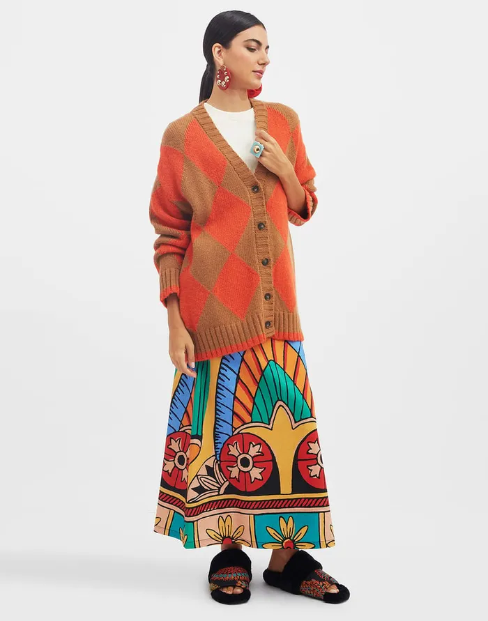 La Doublej Argyle Cardigan Camel and Orange In Wool Women Knitwear