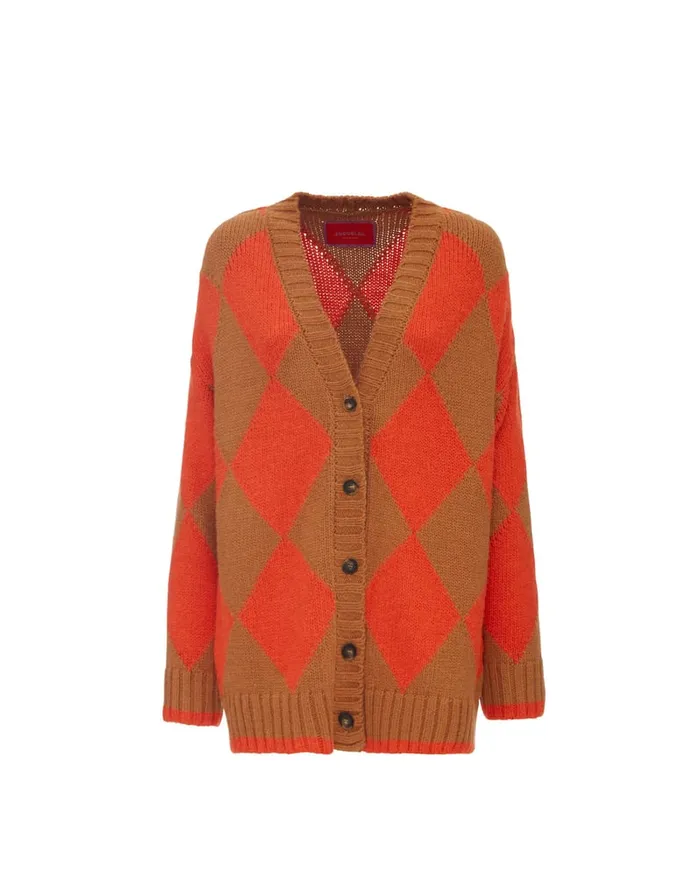 La Doublej Argyle Cardigan Camel and Orange In Wool Women Knitwear