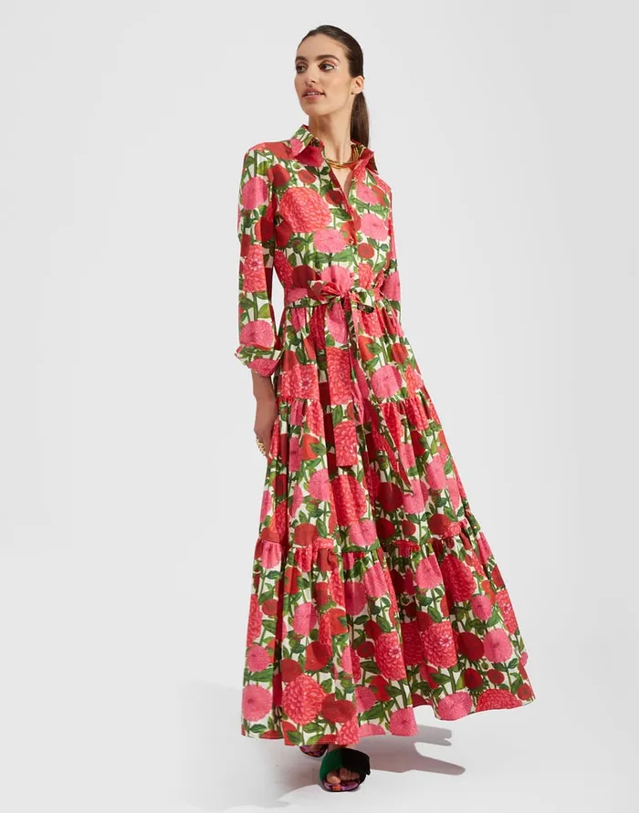 La Doublej Bellini Dress Pink Dahlias In Popeline Cotton Women Dresses